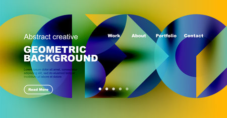 Vibrant geometric background design. Features flowing shapes, text overlays, navigation menu, plus...