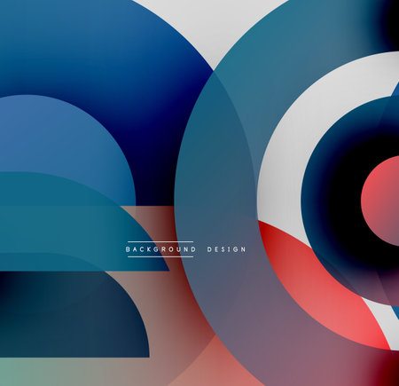 Abstract geometric shapes overlap, creating vibrant blue, red, white gradients. Modern design elements suggest depth, movement.のイラスト素材