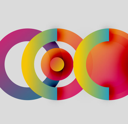 Colorful concentric circles overlap creating vibrant visual effect. Modern design, abstract composition, gradient hues present.のイラスト素材