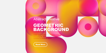 Vibrant geometric shapes overlap white space. Text reads Geometric Background, plus sample text, button visible. Modern design elements present.のイラスト素材