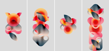 Abstract colorful shapes overlap, creating dynamic compositions. Soft gradients blend reds, oranges, blues, grays. Minimalist background enhances forms.のイラスト素材
