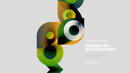 Abstract geometric shapes blend, creating vibrant composition. Green, yellow, black hues dominate neutral backdrop. Modern design.のイラスト素材