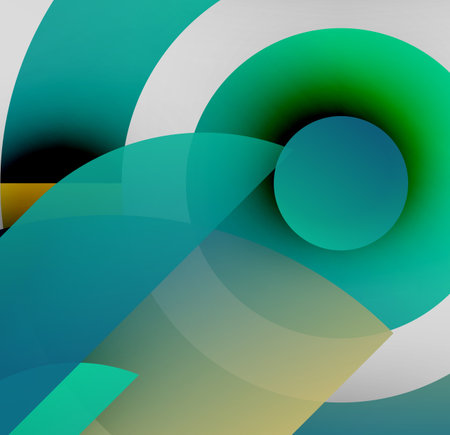 Abstract composition featuring overlapping circular shapes. Gradient colors blend from teal to green, creating dynamic visual effect. Minimalist design.のイラスト素材