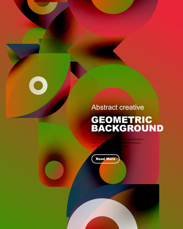 Vibrant geometric shapes overlap, creating colorful abstract background. Text present, button visible. Modern design elements dominate composition.のイラスト素材
