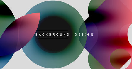 Abstract fluid shapes overlap, creating vibrant color gradients. Modern design features text elements within central circle.のイラスト素材