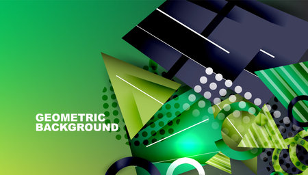 Abstract geometric background features vibrant green, navy, yellow shapes. Overlapping layers create dynamic visual texture. Modern design elements present.のイラスト素材
