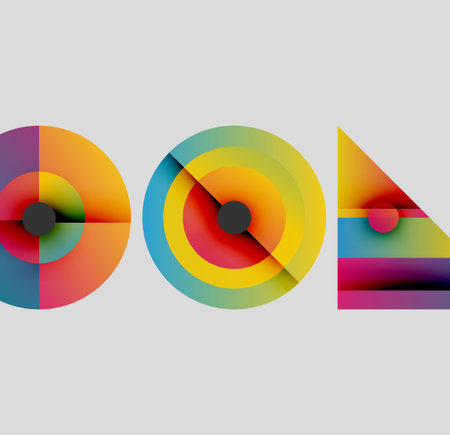 Abstract geometric shapes, vibrant colors, circular designs, triangular form. Modern illustration, gradient hues, minimalist style.のイラスト素材