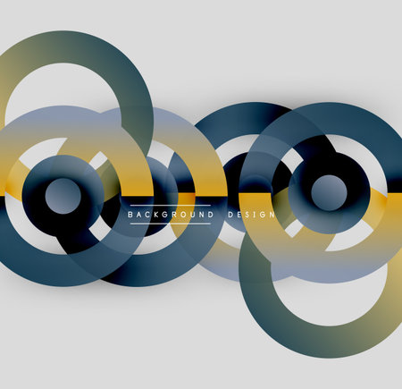 Abstract circles overlap, creating dynamic visual effect. Colors include blue, gold, gray. Modern design element for backgrounds.のイラスト素材