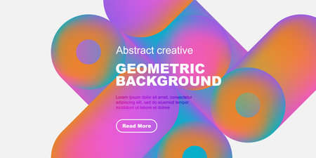 Vibrant abstract shapes overlap black background. Text promotes geometric design, includes read more button. Modern, colorful composition.のイラスト素材