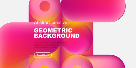 Vibrant geometric background features overlapping shapes, gradients. Text promotes creative design, includes call to action button.のイラスト素材