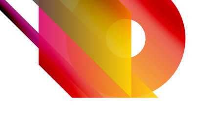 Abstract geometric shapes overlap, creating vibrant color gradients. Red, yellow, pink hues dominate composition. Minimalist design.のイラスト素材