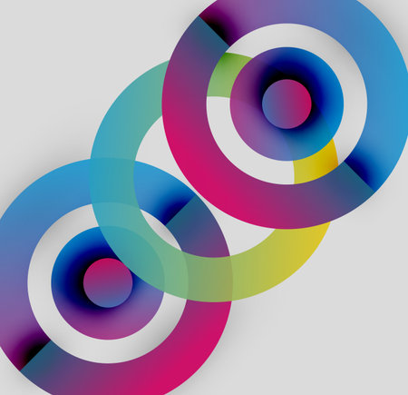 Abstract colorful circles overlap creating vibrant visual effect. Gradient hues blend smoothly, forming dynamic composition.のイラスト素材