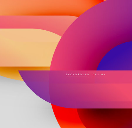 Abstract colorful overlapping shapes create dynamic composition. Gradient hues blend, forming modern visual experience.のイラスト素材