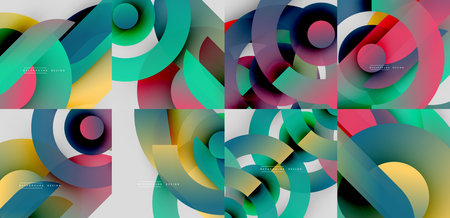 Abstract colorful designs feature overlapping circles, curves. Vibrant gradients create dynamic visual patterns, modern aesthetic.のイラスト素材