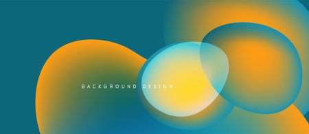 Abstract fluid shapes overlap. Gradient colors blendyellows, oranges, blues create dynamic visual effect. Modern design element.のイラスト素材