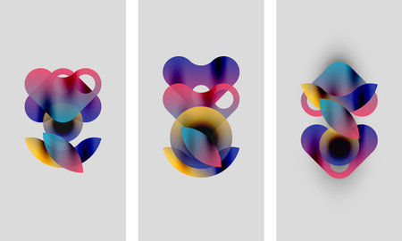 Abstract colorful shapes overlap, creating dynamic compositions. Three panels display similar designs with slight variations. Soft gradients dominate visuals.のイラスト素材
