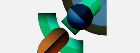 Abstract composition featuring overlapping curved shapes. Colors include blues, greens, browns, plus white background. Modern design.のイラスト素材