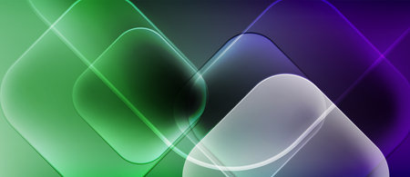 Abstract composition featuring overlapping squares. Colors blend from green, through dark shades, to...