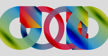 Interlocking colorful rings create infinity symbol. Gradient hues blend, forming abstract geometric design. Modern, vibrant composition.のイラスト素材