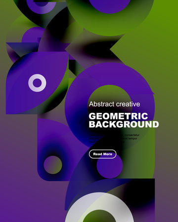 Abstract design features vibrant shapes, gradients. Text promotes geometric background with read more button. Modern, dynamic composition.のイラスト素材