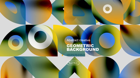 Vibrant geometric shapes overlap, creating abstract background. Yellow, blue, green hues dominate design. Text present, inviting exploration.のイラスト素材