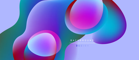 Abstract fluid shapes overlap, creating vibrant color gradients. Purple, teal, pink hues blend...