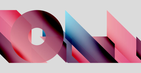 Abstract geometric shapes overlap, creating vibrant color gradients. Composition features pinks,...