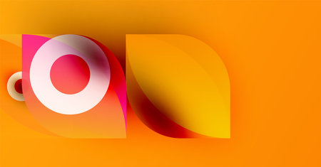 Abstract design features overlapping circles, squares. Warm colors dominate composition, creating...