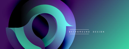 Abstract design features layered circles, vibrant gradients. Teal, purple hues dominate composition....