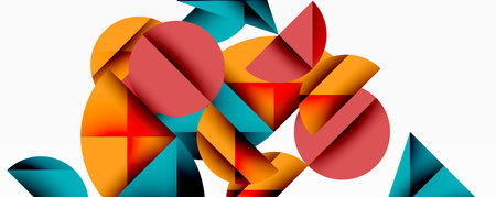 Abstract composition featuring overlapping geometric shapes. Circles, triangles, warm, cool colors...