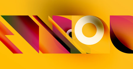 Abstract typography spells TWO, vibrant colors blend. Bold design features layered shapes, golden...