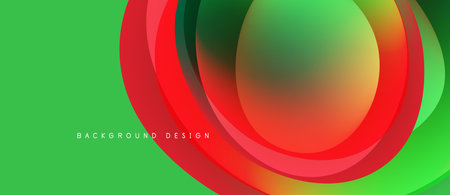 Abstract layers, vibrant colors, dynamic composition. Green background features flowing red, yellow shapes. Modern design element.のイラスト素材