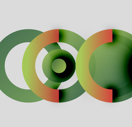 Abstract composition featuring overlapping circles. Green, orange hues blend, creating layered...