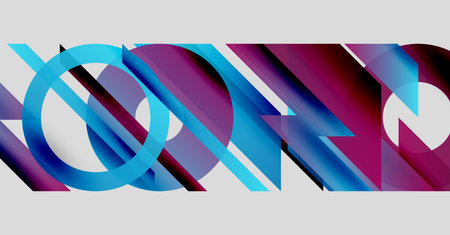Abstract geometric shapes overlap. Blue, purple hues dominate composition. Modern design, clean...