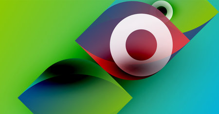 Abstract design features overlapping colorful shapes. Circular elements dominate composition,...