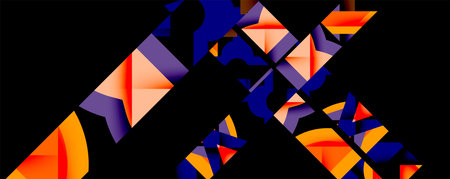 Abstract geometric shapes, orange, purple, navy. Dynamic composition, modern design, overlapping...