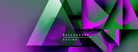 Abstract geometric shapes blend purple, green hues. Modern design features overlapping layers,...