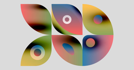 Abstract colorful shapes overlap, creating dynamic composition. Soft gradients blend hues, forming...