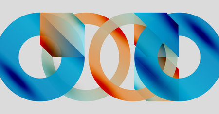 Abstract design features overlapping colorful loops. Blue, orange hues create dynamic visual effect....