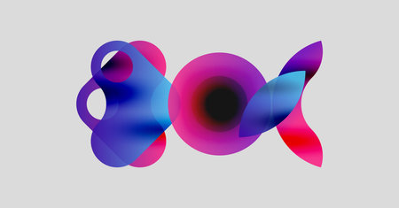 Abstract fluid shapes overlap, creating vibrant color blends. Composition features blues, pinks,...