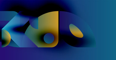 Abstract shapes blend, creating vibrant blue, gold gradients. Fluid forms suggest movement, depth...