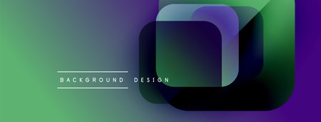 Abstract geometric shapes overlap. Gradient colors blend from green to purple. Text reads background design. Modern visual presentation.のイラスト素材