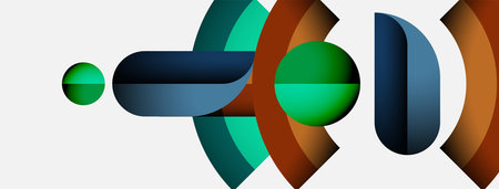 Abstract geometric shapes overlap, creating colorful visual composition. Circles, rectangles, curves suggest movement, depth. Modern design.のイラスト素材