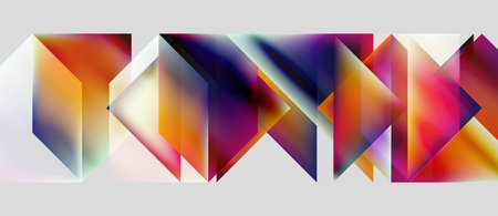 Abstract geometric shapes overlap, creating vibrant color gradients. Composition features dynamic...