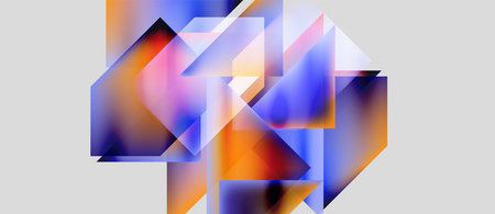 Abstract geometric shapes overlap, creating vibrant color blends. Blue, orange, pink hues dominate...