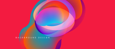 Abstract fluid shapes overlap, creating vibrant color gradients. Red background emphasizes dynamic...