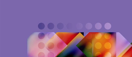 Abstract composition featuring colorful circles, squares, triangles. Purple background provides...