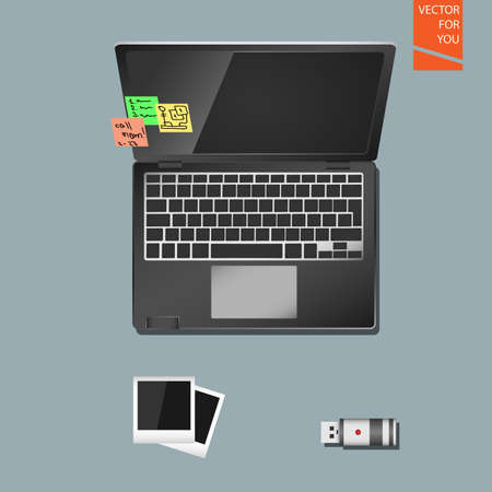Black Modern laptop, photo and flash diskのイラスト素材