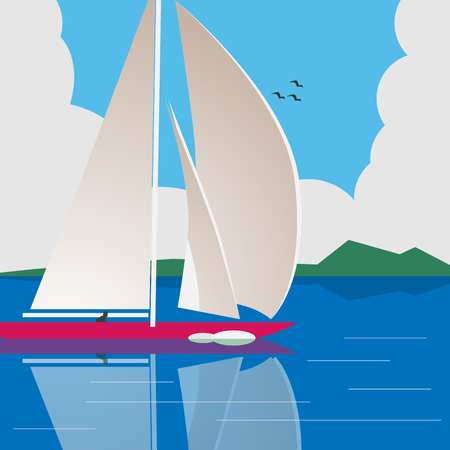 illustration of a man sailing a yacht on calm waterのイラスト素材