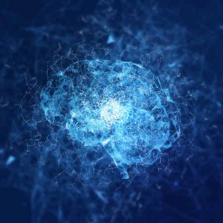 Virtual hologram abstract triangle brain on the dark background
